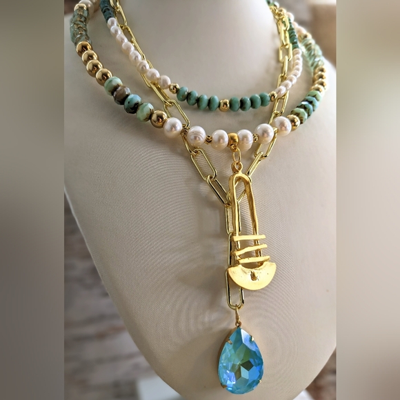 Blue Mint Czech Glass Beads & Pearls In 3 Layered Statement Paperclip Necklace - Picture 3 of 12